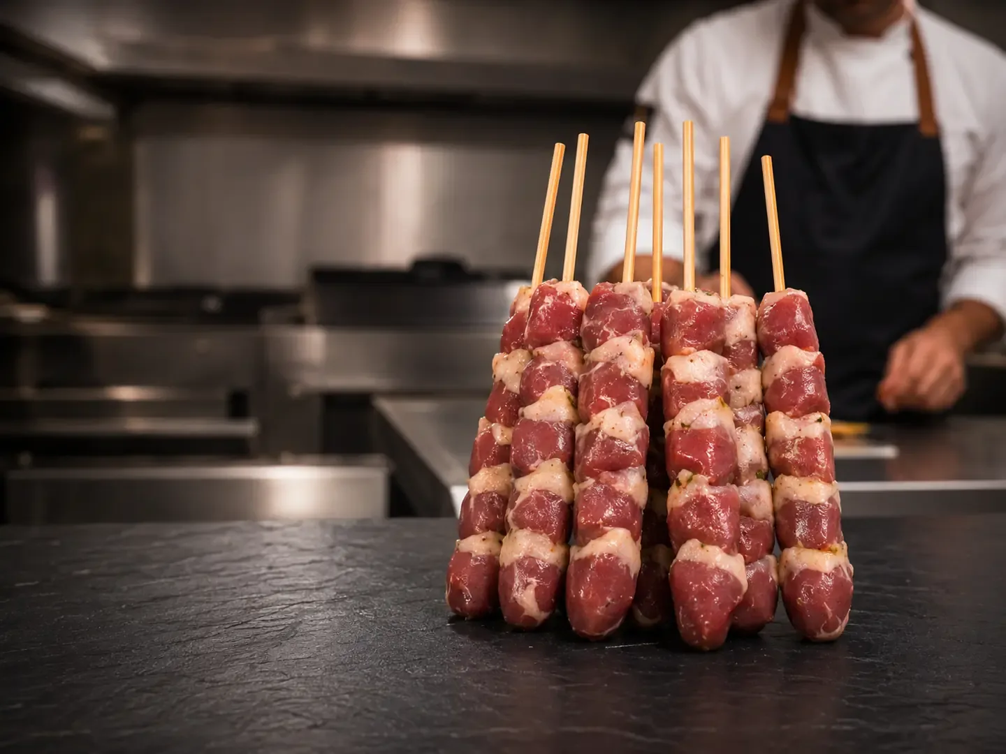 Espeto de Coração in natura em cozinha profissional