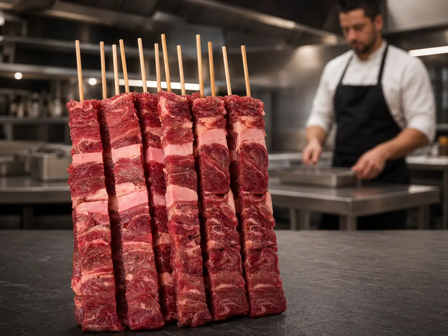 Espeto de Fraldinha com Bacon in natura em cozinha profissional