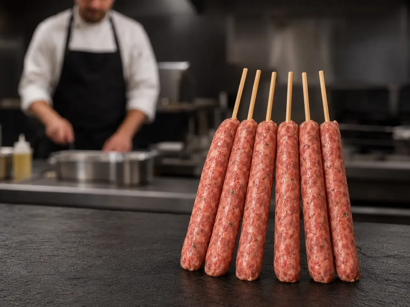 Espeto de Linguiça in natura em cozinha profissional