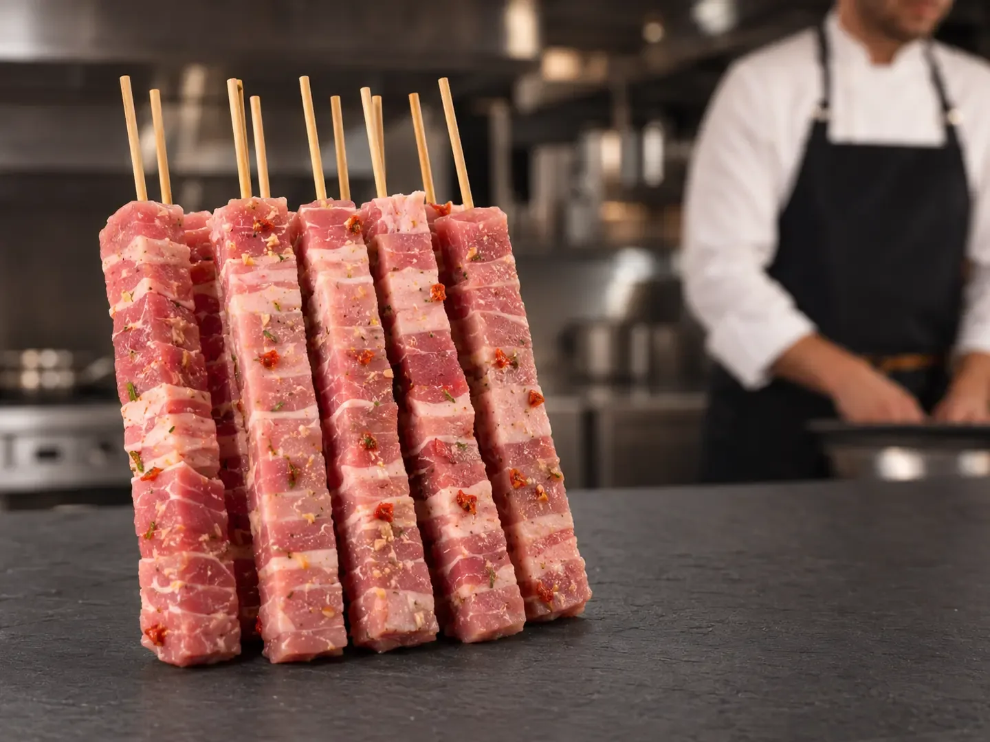 Espeto de Panceta Suína in natura em cozinha profissional